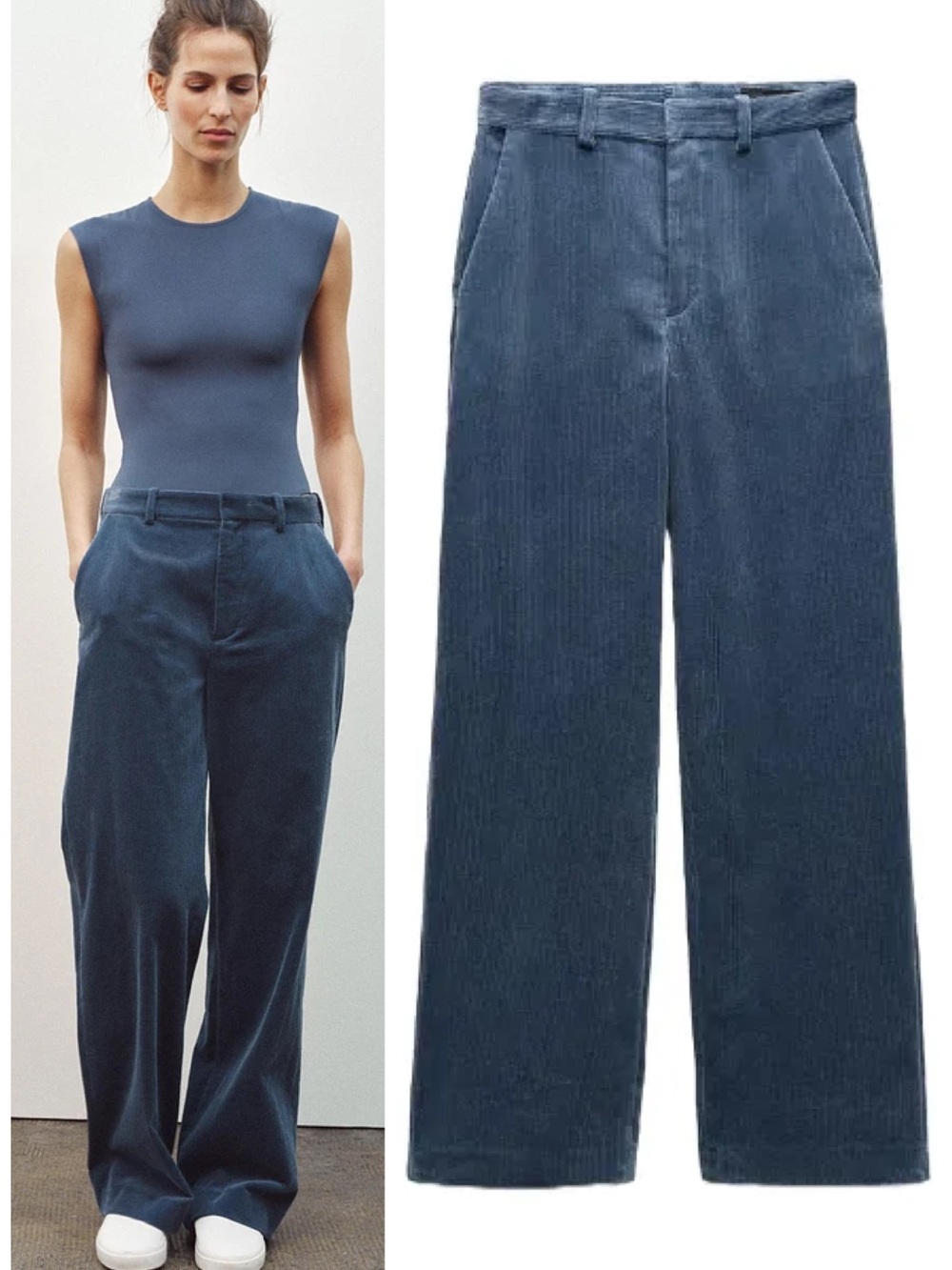 Zara ZW Collection Straight Fit Corduroy Pants Size L Blue NWT